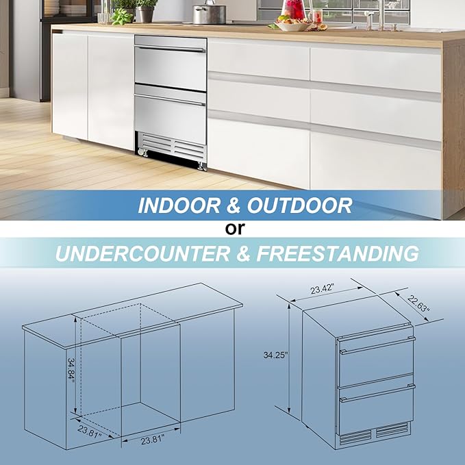 24 Inch Dual Drawer Fridge Under Counter with Wheels, Outdoor Beverage Refrigerator for Patio, Stainless Steel Weather-Proof, Freestanding or Built-In Installation, Ideal for Home and Commercial Use