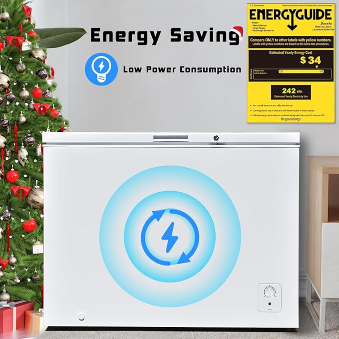 SMETA Chest Freezer 12.0 Cubic Feet, Deep Large Freezers with Removable Basket, Energy Saving, 44'' Wide Adjustable Thermostat 4 Wheels, Low Noise for Garage Kitchen Office, White