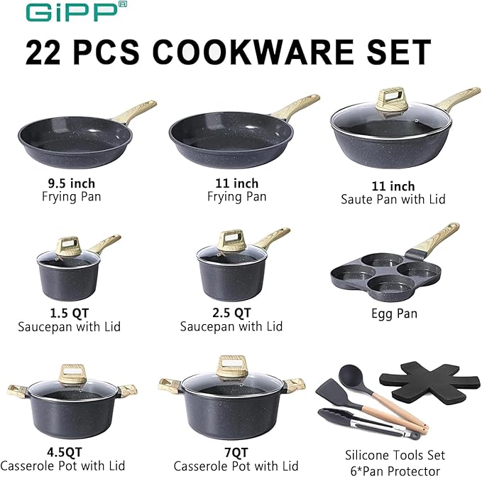 GIPP 22 Piece Ceramic Nonstick Pots and Pans Set- Cookware Non Stick Set, Non-toxic Healthy Kitchen Cooking Set w/Frying Pans Set, Dishwasher Safe, PFAS PTFE PFOA PFOS Free