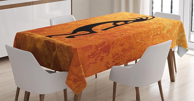 Ambesonne Retro Tablecloth, EthnicCharacter Print on Grunge Background, Rectangular Table Cover for Dining Room Kitchen Decor, 52" X 70", Orange Black