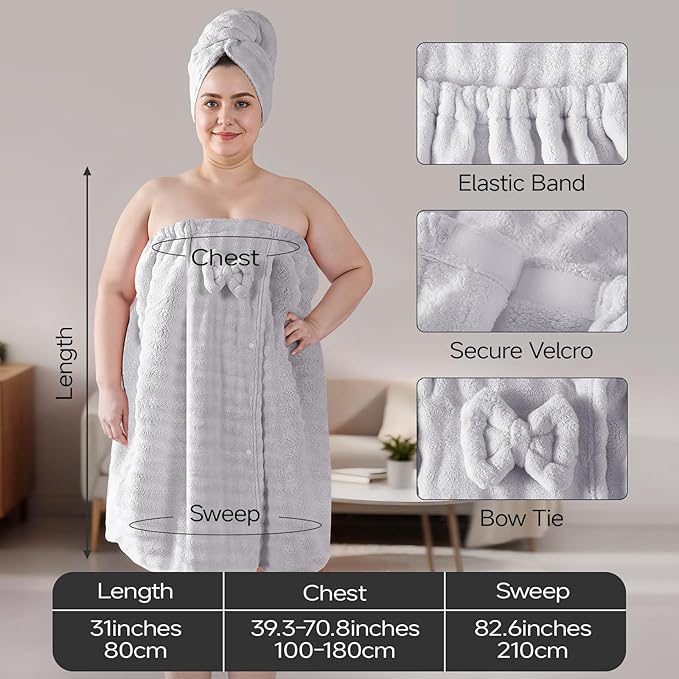 REDKISS Grey Towel Wrap for Women, XL Spa Shower Wrap with Hair Towel, Super Absorbent Bath Towels Robe for Body, Adjustable Microfiber Plush Bathrobe for Girls, Warmth Velcro Plus Size Wraps Towels