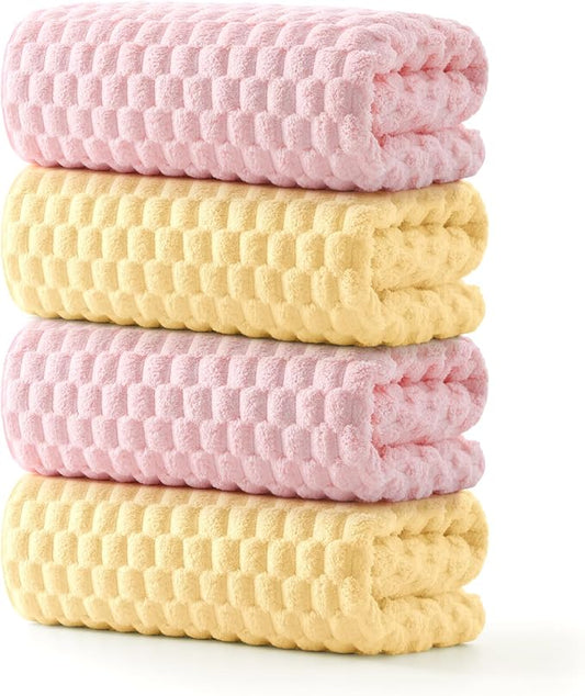 REDKISS Microfiber Bath Towels Set of 4-27x55 Inch Large Waffle Bath Towels for Body, Highly Absorbent, Super Soft, Lint Free Fluffy Shower Towel for Bathroom,Gym, Lightweight Towel Set Pink,Yellow