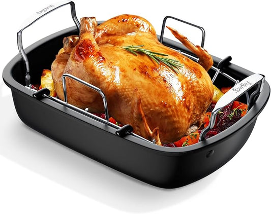Nonstick Turkey Roasting Pan with Rack, 17 x 13 Inch Turkey Pan, large roaster pan for Meat & Vegetable, (Silver)