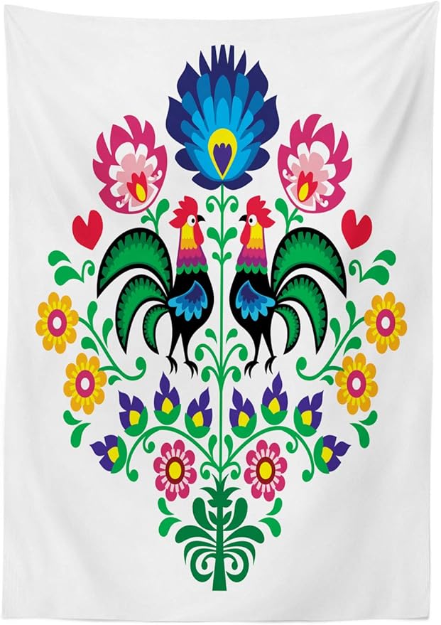 Ambesonne Gallus Tablecloth, Polish Pattern with Roosters Garden Happy Fashion Celebration Spring Slav Poland, Dining Room Kitchen Rectangular Table Cover, 52" X 70", Blue Pink