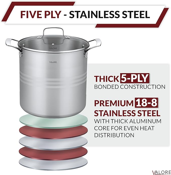 Valore 24 qt Stainless Steel Stock Pot with Lid & Canning Rack - 5-ply Soup Pot with Brushed Stainless Finish & Riveted Handles
