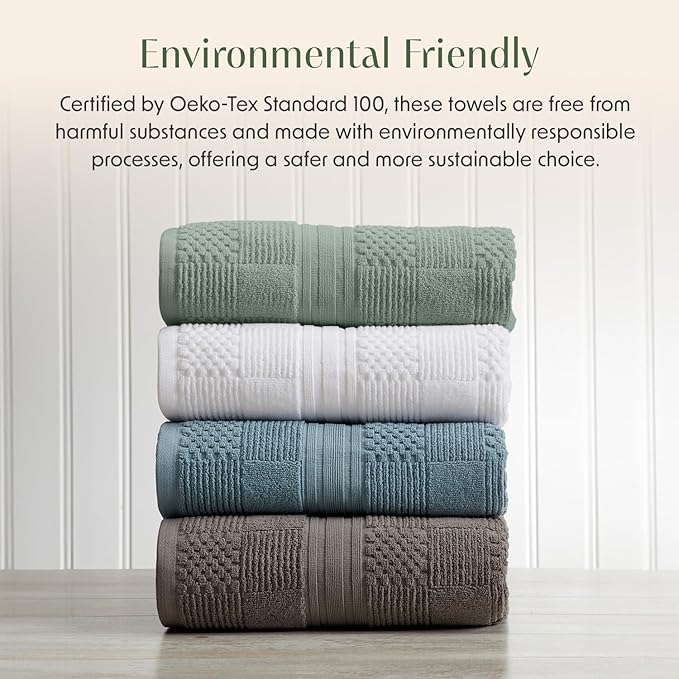 Springtree Home 100% Cotton Bath Towel Set of 4 | Green Bath Towels | Geometric Textured Design | Absorbent & Quick-Dry | 4 Bath Towels | Oeko-TEX® Standard 100 Cotton | Myla Collection - Lily Pad