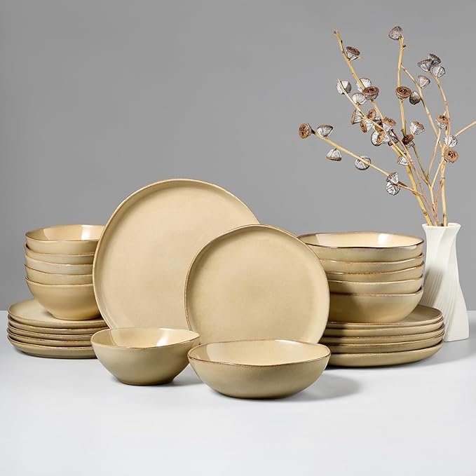 HaWare Plates and Bowls Set, Stoneware Dinnerware Sets, 24-Piece Hand-painted Dishware for 6, Ceramic Dish Set for Home Kitchen, Scratch Resistant, Microwave and Dishwasher Safe, Reactive Sandy Khaki