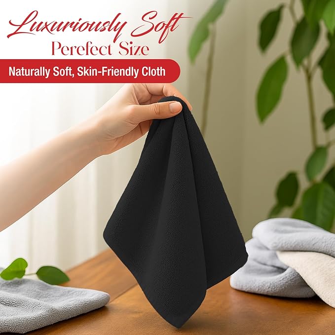 RIVERSIDE 12 Pack Washcloths - 12x12 Inches, 400 GSM, 100% Ring-Spun Cotton - Soft, Absorbent & Durable Face and Body Towels - for Bathroom, Spa, Gym, Makeup Removal & Everyday Use - Black