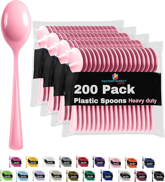 Party Solids Pink Plastic Spoons - 200 Pcs Heavy Duty Disposable Cutlery Set