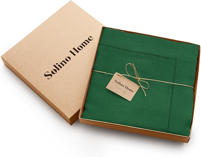 Solino Home Linen Round Tablecloth 70 Inch - 100% Pure Linen Green Round Tablecloth - Machine Washable Table Cloth for Christmas, New Year - Sonoma Hemstitch