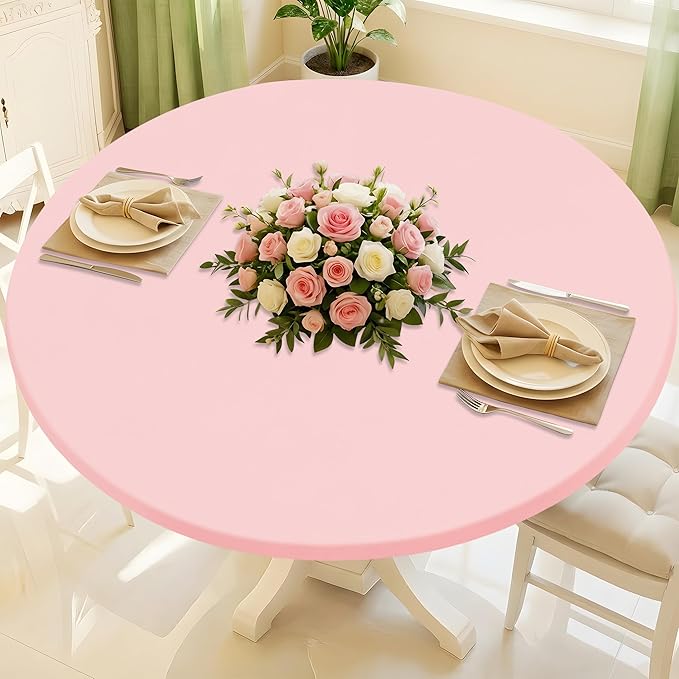 Round Spandex Tablecloth, Elastic Fitted Waterproof Tablecloths for 45"-56" Tables, Stretch Washable Picnic Table Cover for Camping, Dining, Indoor and Outdoor, Pink