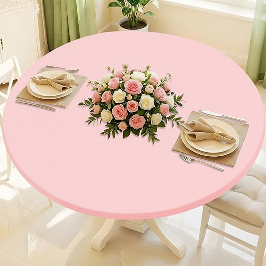 Round Spandex Tablecloth, Elastic Fitted Waterproof Tablecloths for 45"-56" Tables, Stretch Washable Picnic Table Cover for Camping, Dining, Indoor and Outdoor, Pink