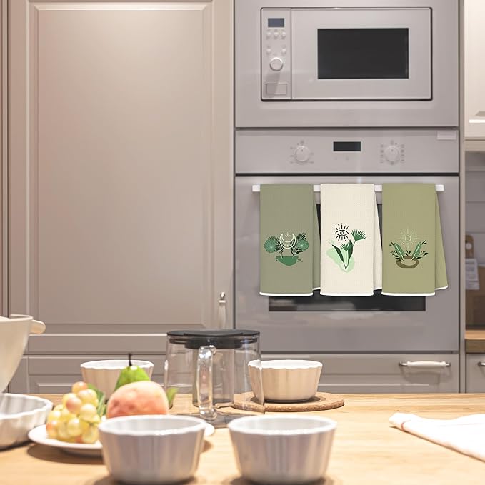 Sage Green Boho Botanical Kitchen Dish Towels, Mystical Witchy Celestial Sun and Moon Evil Eye Decorative Hand Towel for Bathroom, Boho Witchy Kitchen Bathroom Decor, 16x24 Inch Set of 3