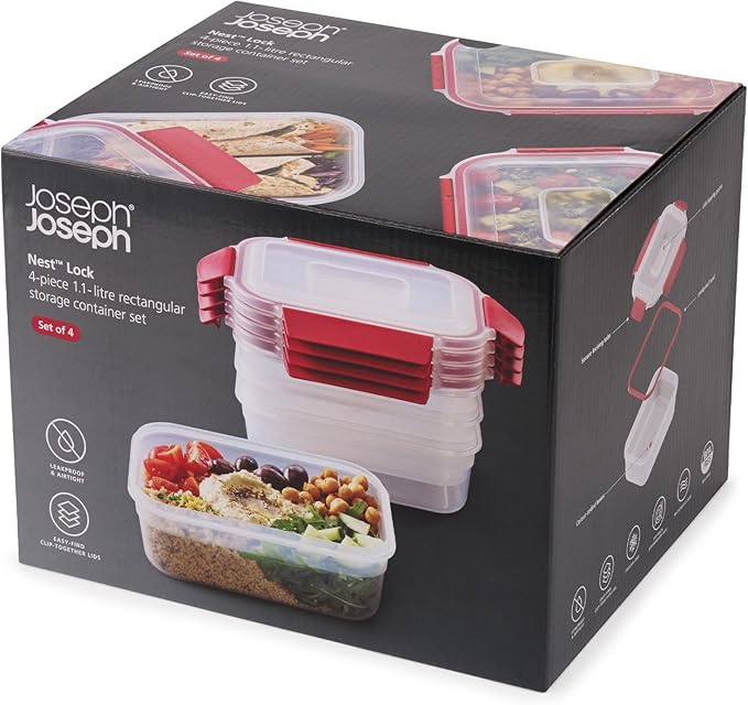 Joseph Joseph Nest Lock 8-piece Plastic BPA Free Food Storage Container Set with Lockable Airtight Leakproof Lids - Red