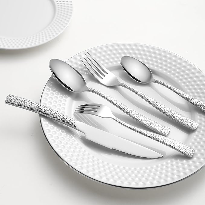 Hammered silverware set, modern flatware set for 4 Heavy duty cutlery set 20piece Stainless Steel fork spoon knife set everyday kitchen, Mirror Finish Dishwasher Safe
