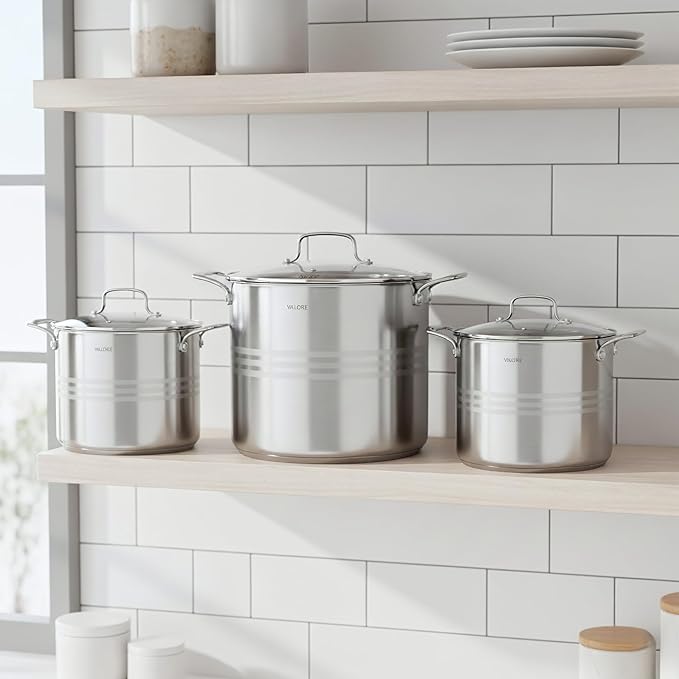 Valore 3 pc Stainless Steel Stock Pot Set - 12, 16 & 24 qt - 5-ply Canning Pots with Brushed Stainless Finish & Riveted Handles - Canning Supplies Compatible with All Cooktops
