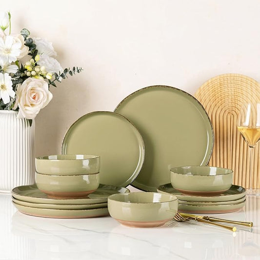 AmorArc Ceramic Dinnerware Sets for 4, 12 Pieces Handpainted Plates and Bowls Set with Rustic Terracotta Underside, Scratch Resistant Stoneware Dishes Set, Dishwasher & Microwave Safe, Olive Green