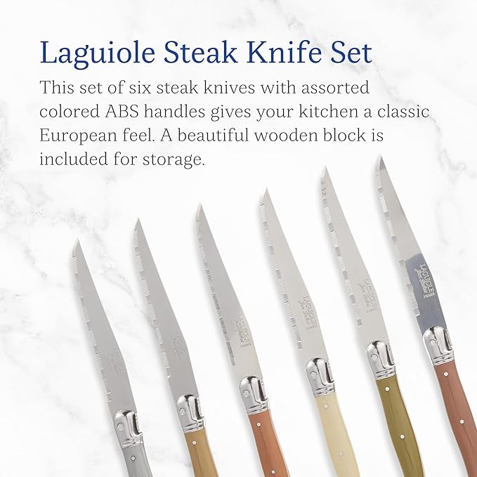 Jean Dubost Laguiole 6-Piece Steak Knife Set, Mineral Handles - 1.2 mm Blades - Rust-Resistant Stainless Steel - Includes Wooden Block - Made in France