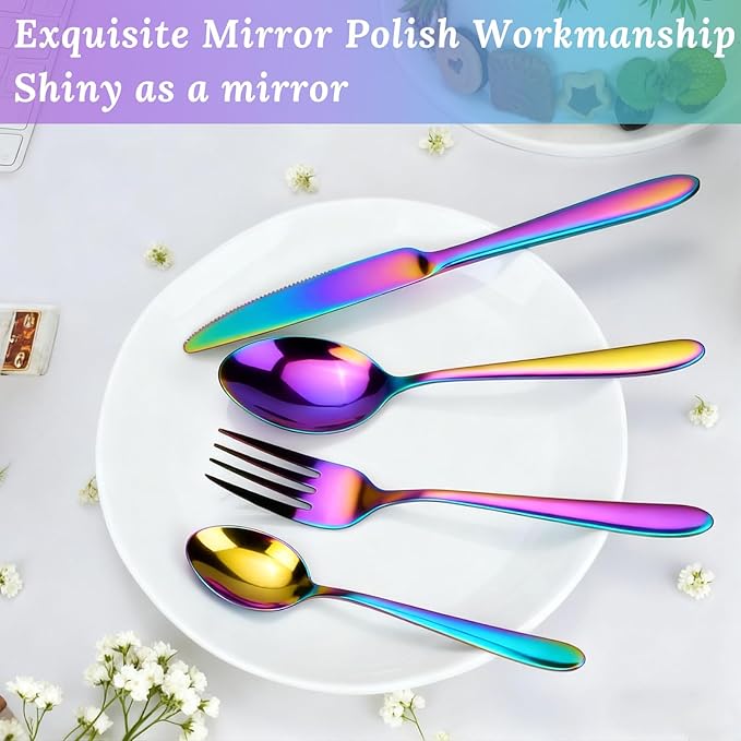 16PCS Rainbow Silverware Set, Stainless Steel Colorful Cutlery Set Include Knife Fork Spoon, Mirror Polished Reusable Tableware Utensil Sets for Home Restaurant Kitchen(Dishwasher Safe)