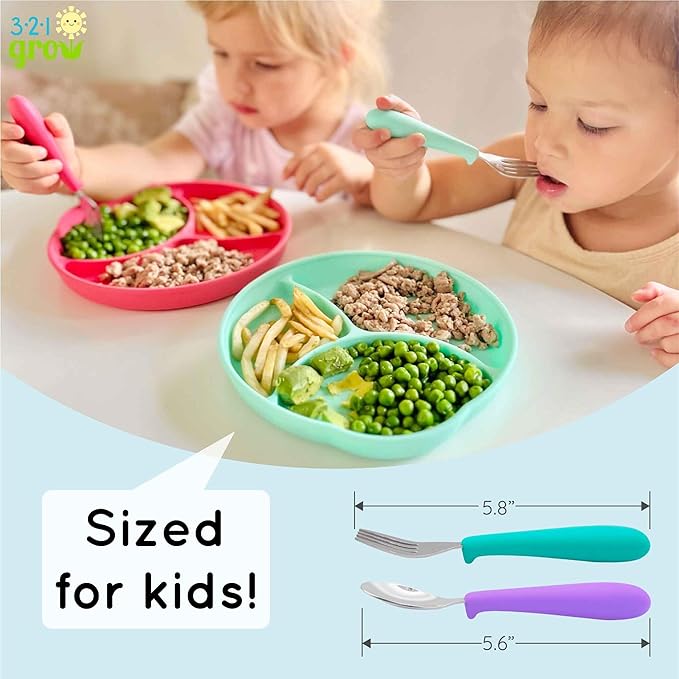 Eat with Me Spoon and Fork Set – Toddler Utensils with Easy-Grip Silicone Handles – Kid-Sized & Safe Stainless Silverware – Promotes Independent Eating – Dishwasher Safe (Grape)
