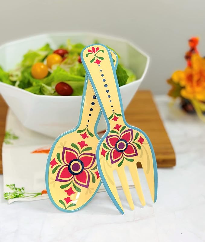 UPware Fiesta Floral Melamine Salad Servers, Serving Utensil Set, Includes Serving Fork and Spoon for Tossing Salad, Pasta, Multicolor, 10.75 Inch, Set of 2