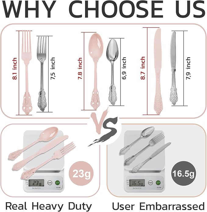 WDF 120 Pieces Heavy Duty Pink Plastic Silverware - Pink Plastic Cutlery Set - Disposable Utensils - Disposable Flatware Includes 40 Forks, 40 Spoons, 40 Knives for Party, Wedding, Valentine's Day