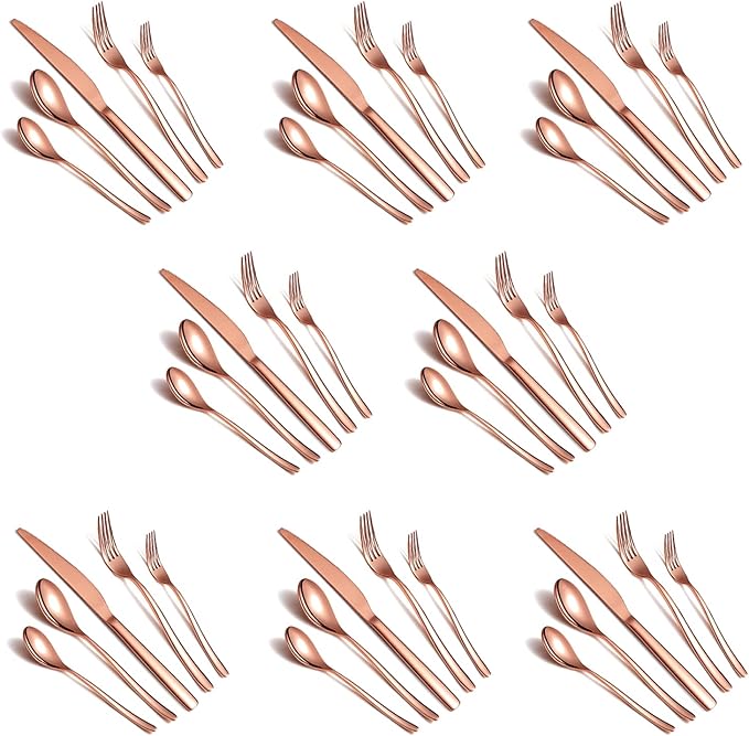 HOMQUEN 40-Piece Copper Silverware Set, Rose Gold Flatware Set for 8, Stainless Steel Tableware Cutlery Set, Utensil Sets for Kitchen, Forks and Spoons Silverware (Shiny Rose Gold)