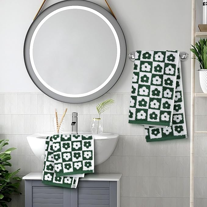 Jacquotha Cotton Hand Towels Green Checkered Floral - Quick Drying Hand Towel Set of 4, for Christmas Bathroom Decor, 29” x 13”