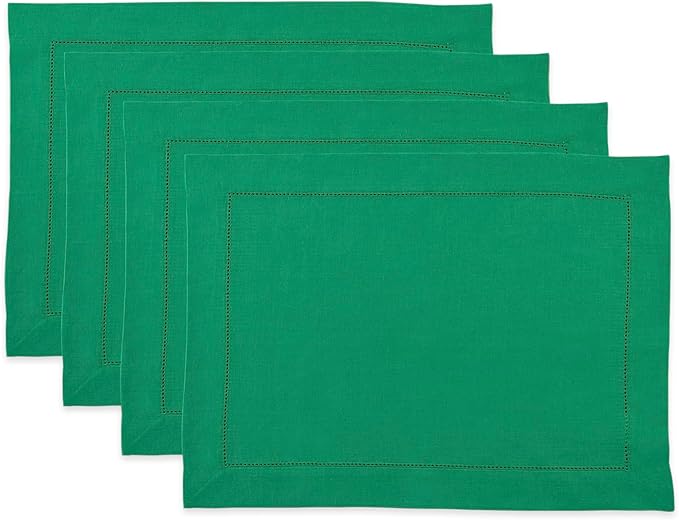 Solino Home Linen Cloth Placemats Set of 4-100% Pure Linen Hemstitch Emerald Green Placemats 14 x 19 Inch - Classic Hemstitch Table Place Mats for New Year