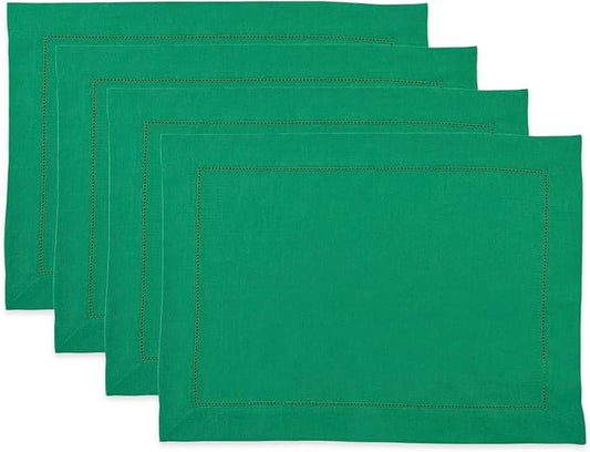 Solino Home Linen Cloth Placemats Set of 4-100% Pure Linen Hemstitch Emerald Green Placemats 14 x 19 Inch - Classic Hemstitch Table Place Mats for New Year