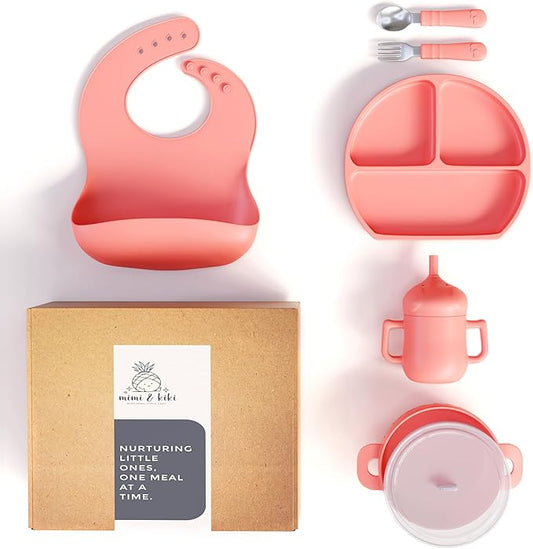 mimi & kiki BPA-Free Silicone Baby Feeding Set, Baby Plates and Bowls Set, Baby Led Weaning Supplies, Silicone Suction Plate, Baby Utensils, Bib and Cup, Self Feeding, Dishwasher Safe (Pink)