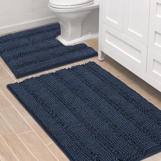 H.VERSAILTEX Bathroom Rugs Bath Rug Set 2 Piece Bathroom Contour Rug Toilet Mat Sets Non Slip Contour Bath Rug Ultra Thick Water Absorbent Striped Bath Mats Washable(36" x 24" Plus 20" x 24" U, Navy)