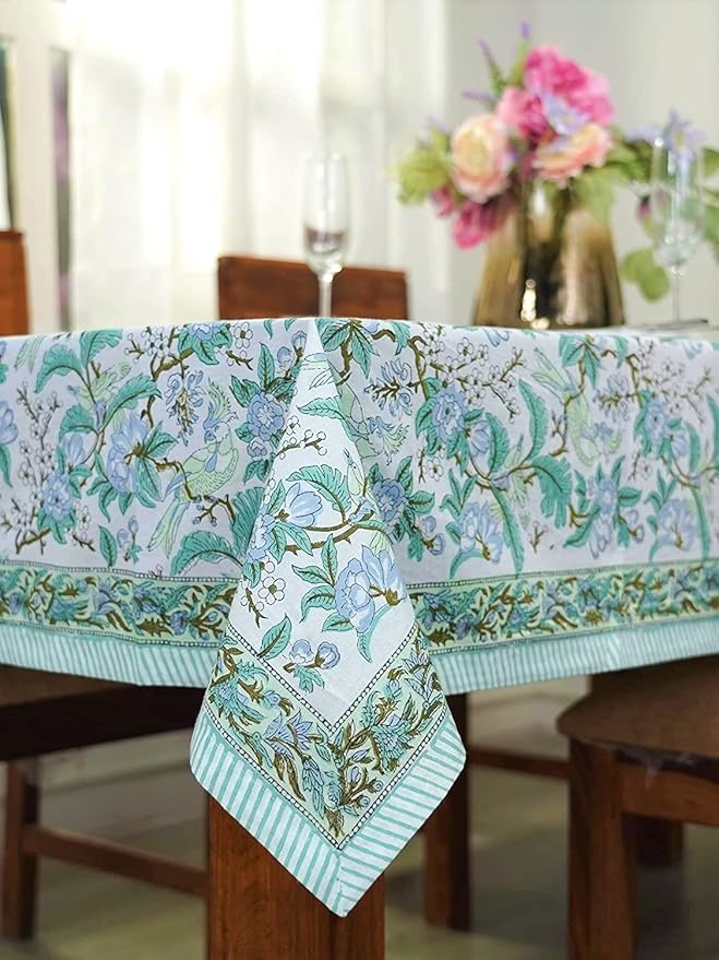 Ridhi Sage and Russian Green Hand Block Print Cotton Rectangle Tablecloth 190" x 72" inches Reusable Table Cover Decorative Everyday Use for Dining, Farmhouse, Home, Party, Festive, Wedding, Fall