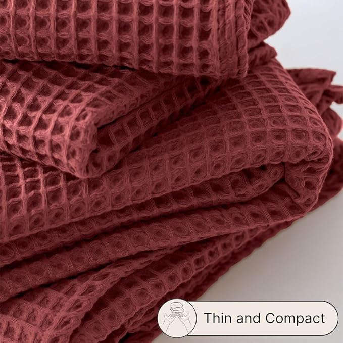 4-Piece Waffle Towels Set for Bathroom - Soft 100% Turkish Cotton Quick-Dry Lint-Free Waffle Weave Thin Bath and Hand Towels (Dark Red, 2 Bath & 2 Hand Towel Set)