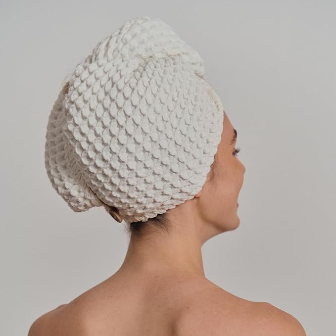 100% Organic Cotton Hair Drying Waffle Towel Wrap for Women | Absorbent & Quick Dry Head Turban for Wet Hair in Shower Sauna Spa, Extra Large for Long Straight Curly Plopping Button (White, 1 PACK)