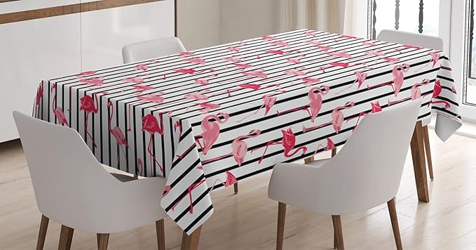 Ambesonne Flamingo Tablecloth, Flamingo Birds Pattern on Vertical Striped Background Tropical Garden Wild Nature, Rectangular Table Cover for Dining Room Kitchen Decor, 60" X 90", Black Pink