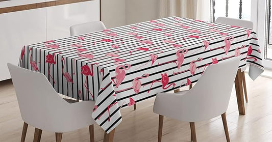 Ambesonne Flamingo Tablecloth, Flamingo Birds Pattern on Vertical Striped Background Tropical Garden Wild Nature, Rectangular Table Cover for Dining Room Kitchen Decor, 60" X 90", Black Pink