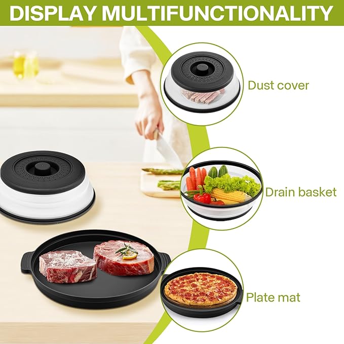 Microwave Splatter Cover for Food with Anti-scald Base Plate,Large Plastic & Silicone Vented Avoid Scalding Collapsible Guard Lid,Kitchen Essential Gadgets for Meal Prep-10.7 Inch (Black)