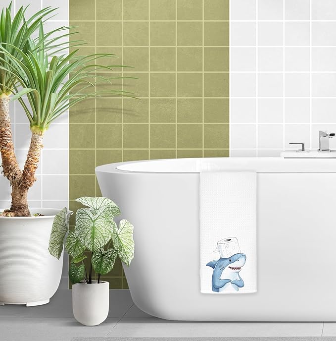 Shark Hand Towels Decorative, Funny Ocean Beach Shark Hand Towels Drying Cloth for Kids Toddler Bathroom Decor, 16x24 Inch