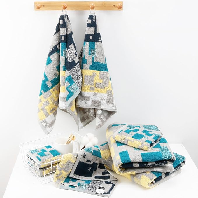 SEMAXE Bath Towel Set of 8 Include 2 Bath Towels 2 Hand Towels 4 Washcloths, 100% Cotton Bathroom Towels with Hanging Loops and Nano-Bio Lifecycle Labels, Colorful Towel - Checkered Collection