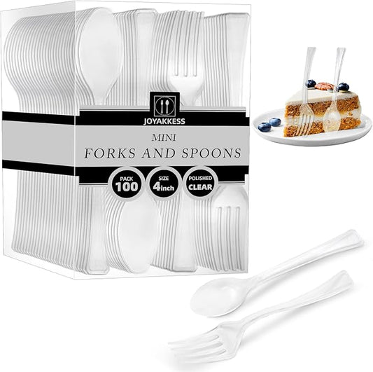 100 PCS 50 Clear Mini Forks And 50 Clear Mini Spoons 4 Inch Dessert Forks And Spoons, Dessert Fork and Spoon Disposable, BPA Free, Food Safe, Suitable for All Occasions