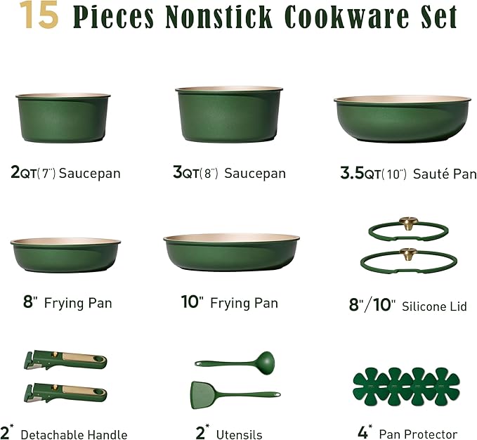 CAROTE Green&Gold Nonstick Cookware Set,15Pcs Pots and Pans Set Non Stick Detachable/Removable Handle,Kitchen Cooking Set Dishwasher Safe, RV Kitchen Pot and Pan, Induction Cookware