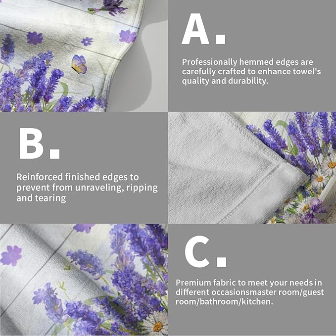 Imiss Lavender Flowers Towel 14.4 x 28.3 Inch - Purple Floral Butterfly Farmhouse Washcloth Set of 2, Rustic Wooden Decorative Kitchen Dishcloth Towel for Home,Gym,Spa,Hotel