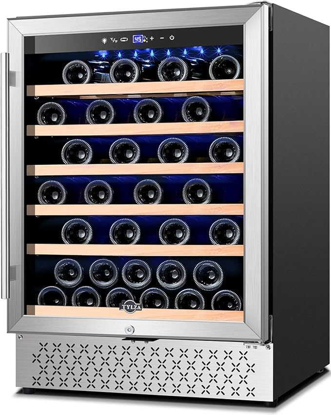 Tylza 24 Inch Wine Fridge, 54 Bottles Wine Refrigerator, Under Counter or Freestanding, 40-65°F, Lock, Double Layer Tempered Glass Door, Wine Cooler Refrigerator with Adjustable Wooden Shelves