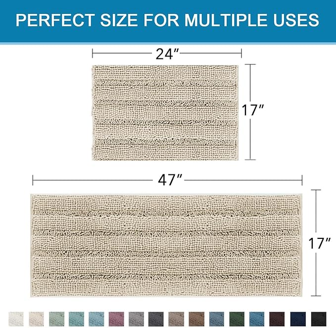 H.VERSAILTEX Bathroom Rug Sets 2 Piece Bath Mats Non Slip Thick Soft Chenille Striped Bath Rug achine Washable Shower Floor Rugs for Tub, Shower and Floor (Fog, 47" x 17"/17" x 24")