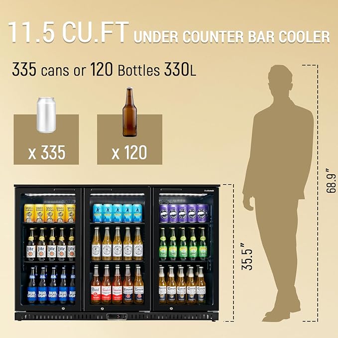 Commercial Back Bar Cooler with 3 Glass Doors, 11.5 cu.ft Under Counter Beverage Refrigerator, LED Lighting - ETL Certified Beer and Wine Cooler for Bar, Restaurant, Garage, Office, Home
