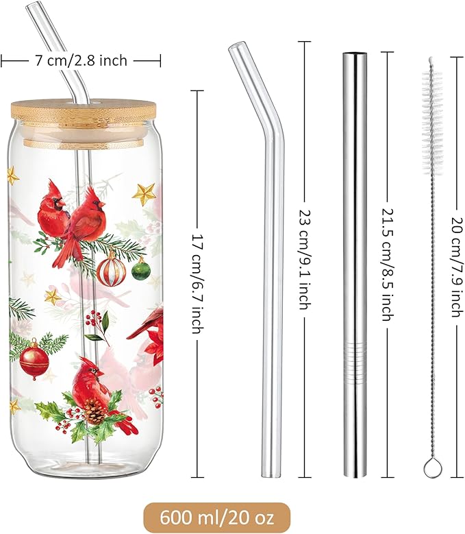 Joeyan Christmas Glass Cups with Lids and Straws,20 oz Iced Coffee Tumbler with Red Cardinals Birds Patterns,Cute Can Shaped Beer Drinking Glasses,Holiday Gifts for Women Mom Friend