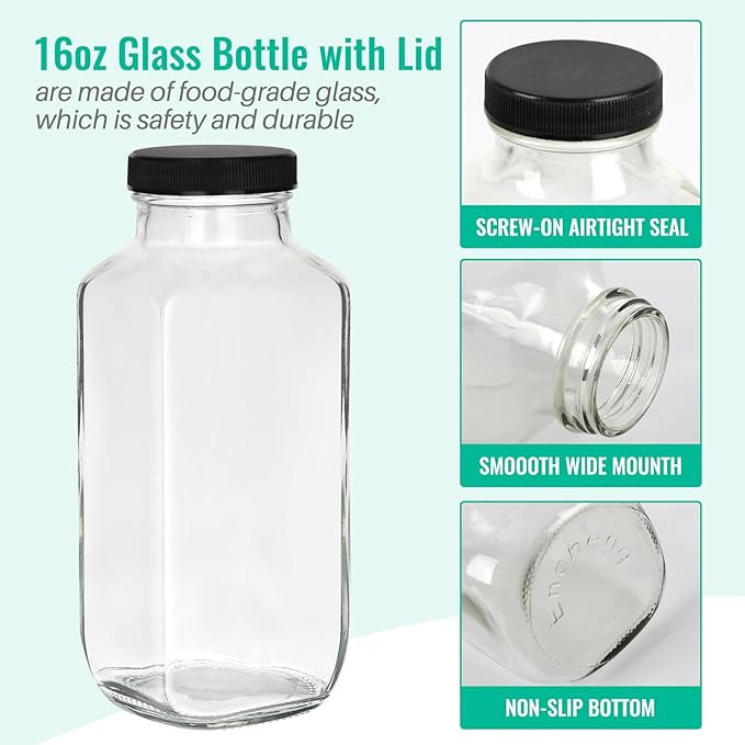16 oz Glass Juice Bottles with Lids 6 Pack,Reusable Glass Drink Bottles,500ml Water Drinking Jars for Milk,Juicing,Kombucha,Ginger,Beverage Glassware,Juice Drinking Jars