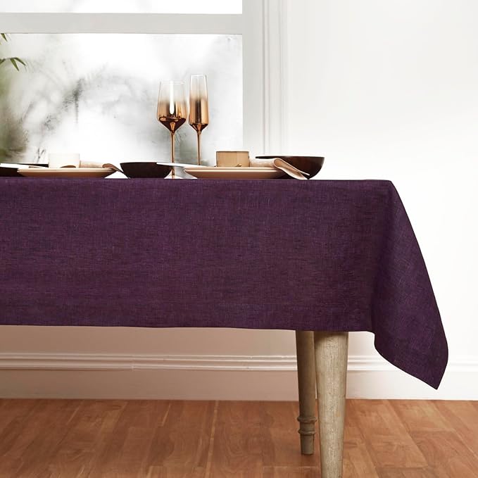 Solino Home Linen Grape Tablecloth 60 x 156 Inch - Athena, 100% Pure Linen Rectangle Tablecloth - Machine Washable Table Cloth for Valentines, New Year
