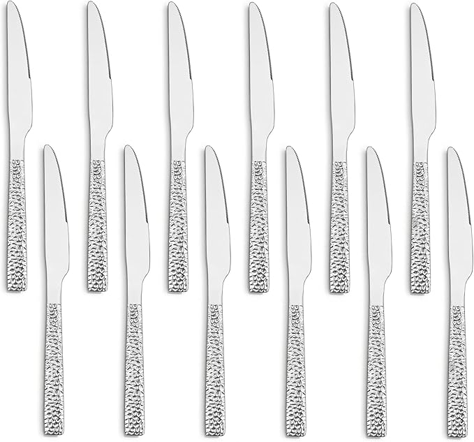 E-far Hammered Dinner Knives Set of 12, 8.9 Inch Stainless Steel Serrated Steak Butter Knife for Home Kitchen Restaurant, Modern Design & Square Edge, Mirror Finish & Dishwasher Safe